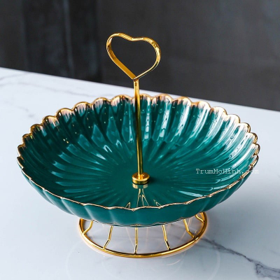 Khay đựng hoa quả sứ xanh mạ vàng | Trang trí phòng khách, quán cà phê, studio