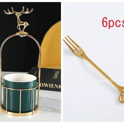 Ống đựng thìa dĩa sứ xanh mạ vàng- Tặng kèm 6 dĩa | Trang trí phòng khách, quán cà phê, studio